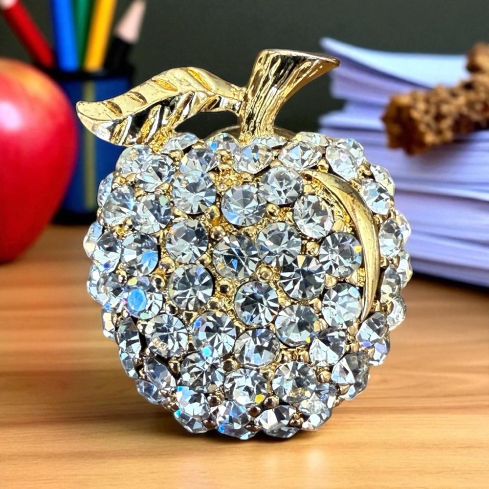 Vintage Gold Tone Rhinestone Apple Brooch Crystal Pave Pin